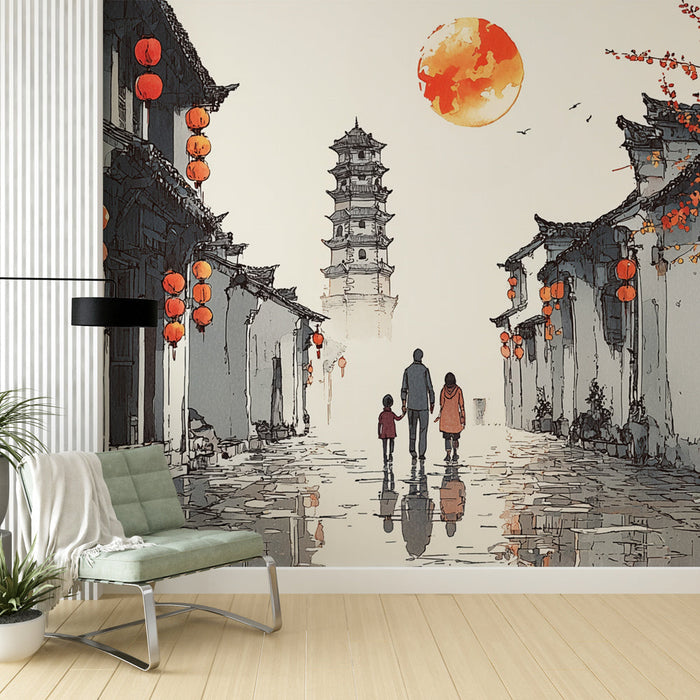 Fototapeet traditsioonilise maastikuga | Stseen laternate ja pagoodiga