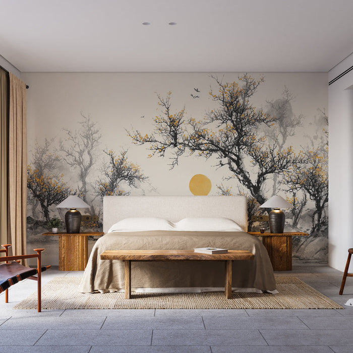 Fototapete orientalische Landschaft | Bäume und goldene Sonne