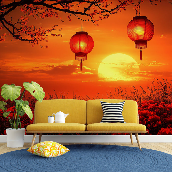 Tapeta lampionů | Záře červených lampionů za soumraku