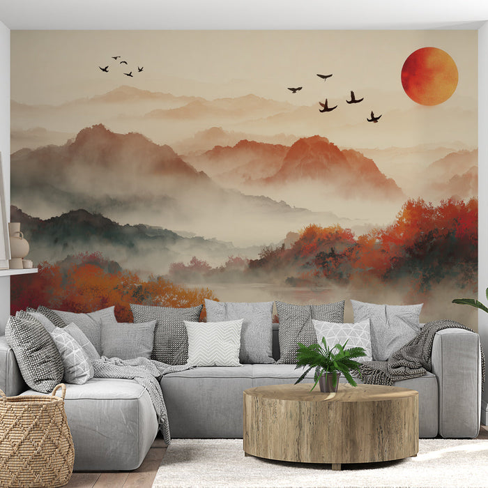 Tapete Landschaftsbild | Nebel und Berge bei Sonnenaufgang