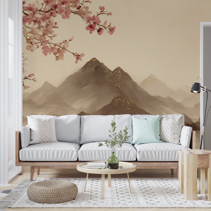 Fototapete Asiatische Landschaft | Fluss und Berge in Aquarell