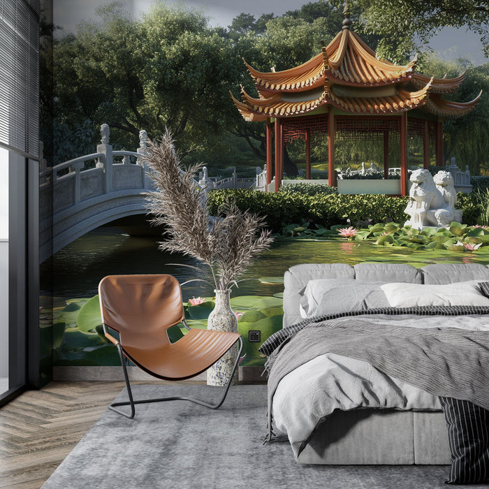 Tapeta Čínská zahrada | Krajina s jezírkem, pavilonem a lotusem