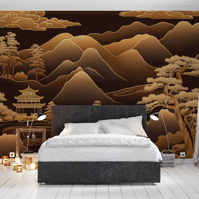 Fototapet azijski krajolik | Zlato na crnoj pozadini