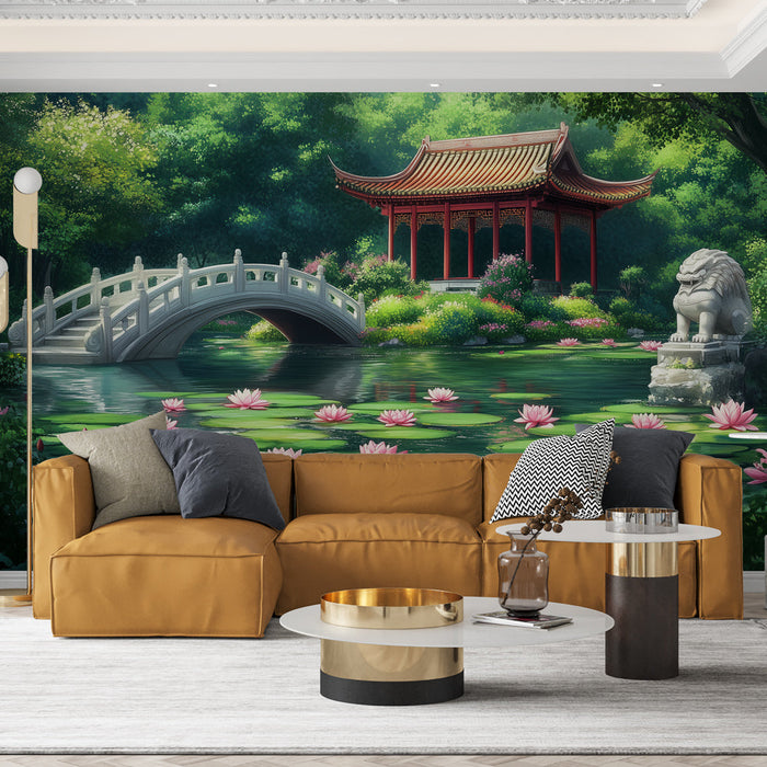 Tapet grădină zen | Pod de piatră și lotus