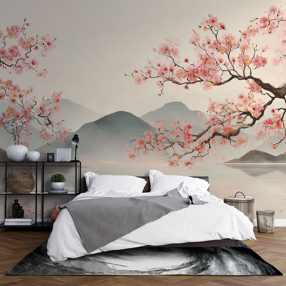 Mural Wallpaper Japanese landscape | Cherry blossoms and mountains