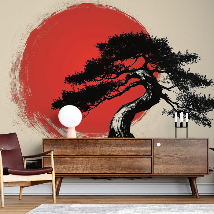 Fototapet zen | Træsilhuet med rød sol