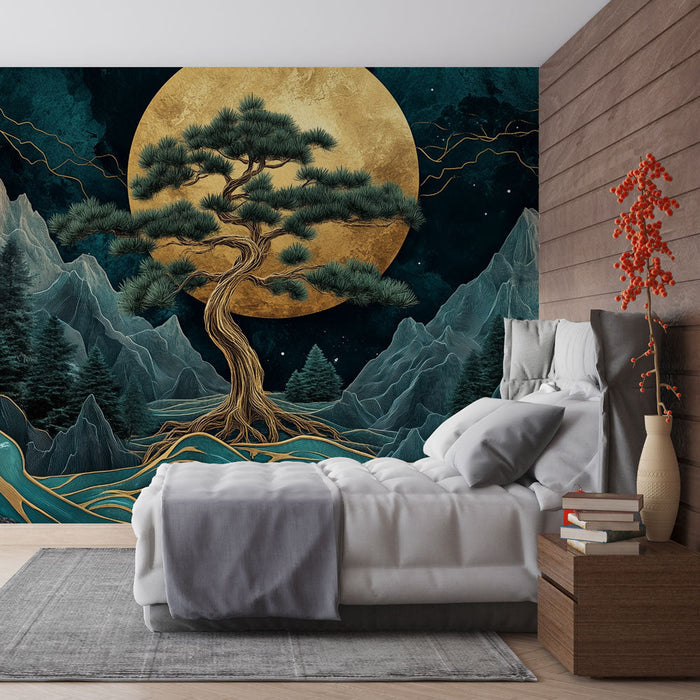 Papel de parede paisagem mística | Montanhas e lua dourada