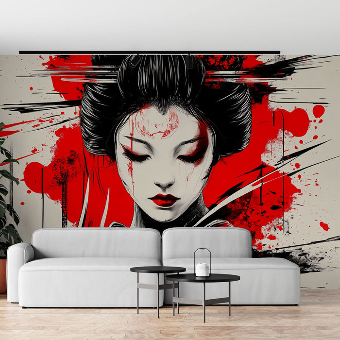 Ταπετσαρία τοίχου geisha | Κόκκινη και μαύρη αφηρημένη τέχνη