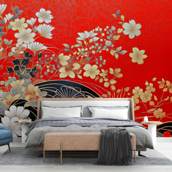 Muraal Tapeet Jaapani Lilleline | Punase ja Kuldse Elegantsus