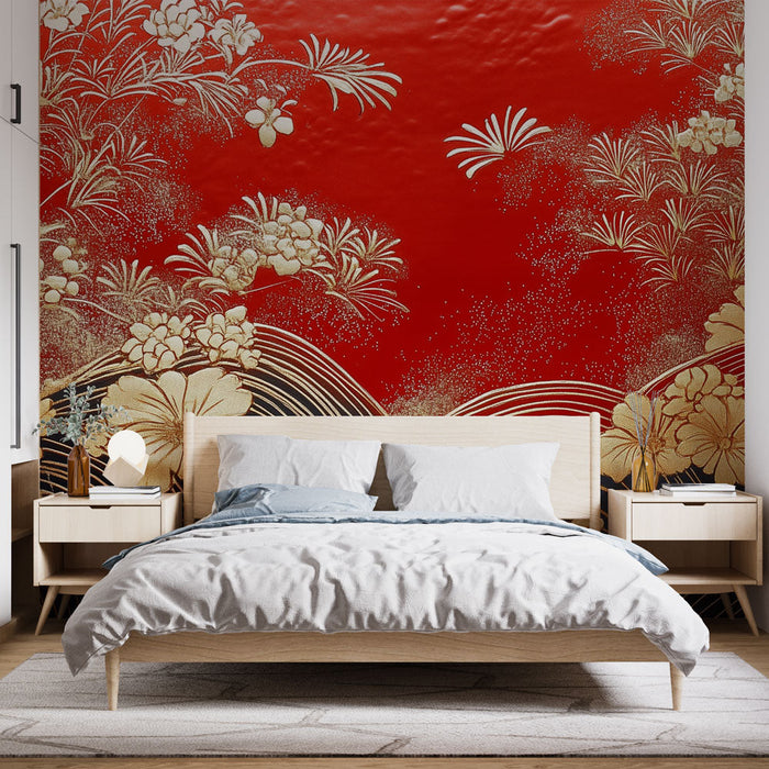 Tapeta Kwiatowa | Jasna Czerwień i Złoto