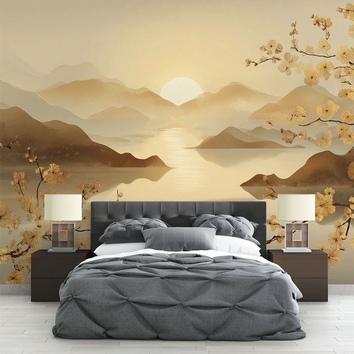 Fototapet pejzaža doré | zalazak sunca i elegantni cvjetovi