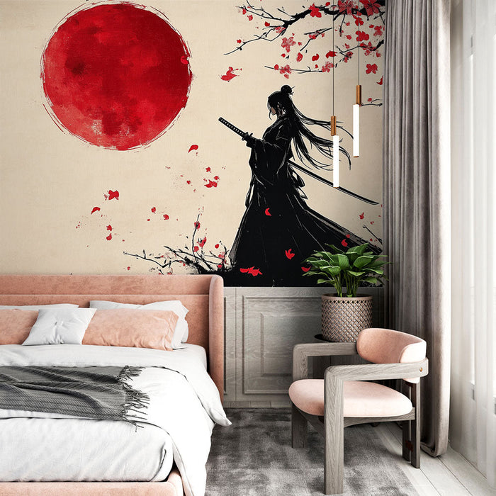 Papel de parede samurai | Silhueta e Lua Vermelha