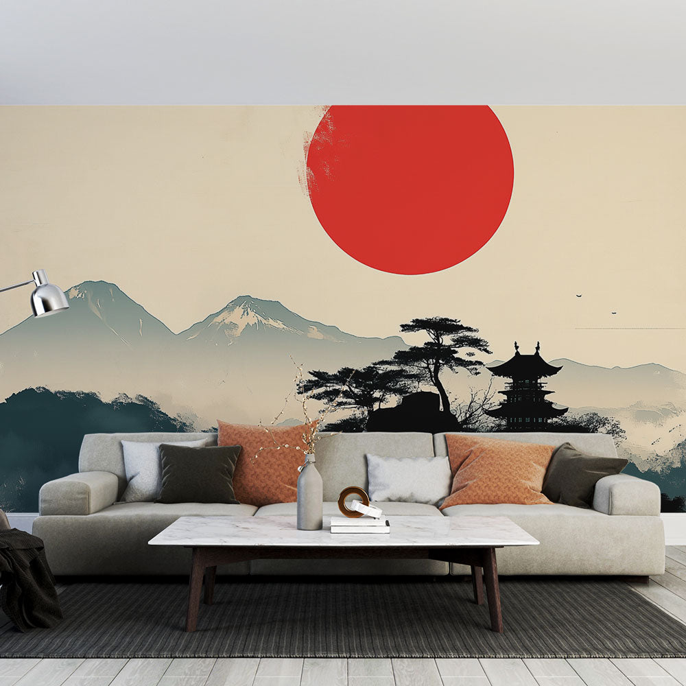 Mural Wallpaper zen | Japanese landscape with red sun — WonderMural