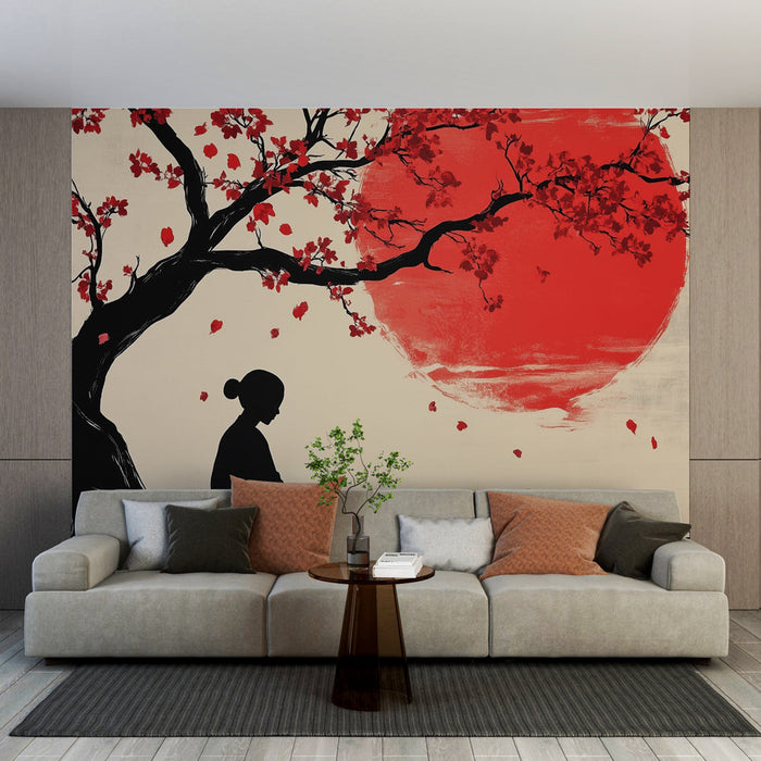 Carta da parati meditazione | Design silhouette e sole rosso