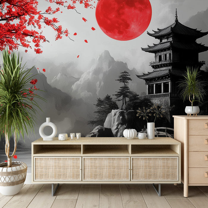 Fototapet Japan | Nattlandskap och körsbärsblomma