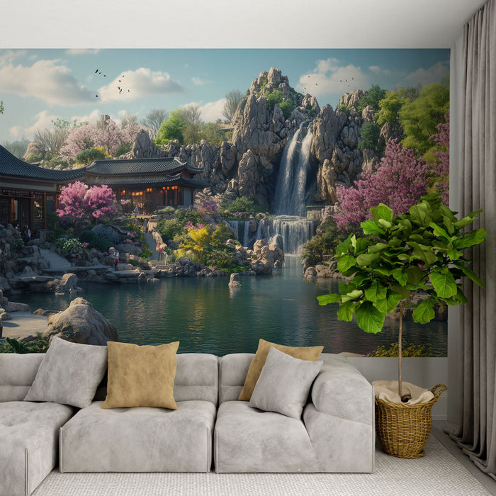 Tapet Asian Garden | Fredelig landskab med vandfald