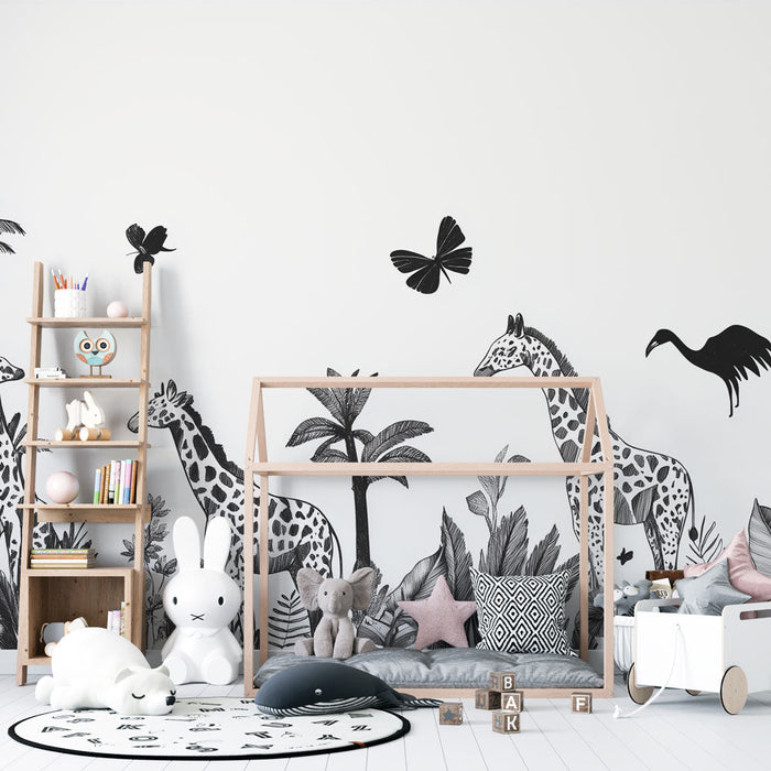 Carta da parati giungla | Scena selvaggia in bianco e nero