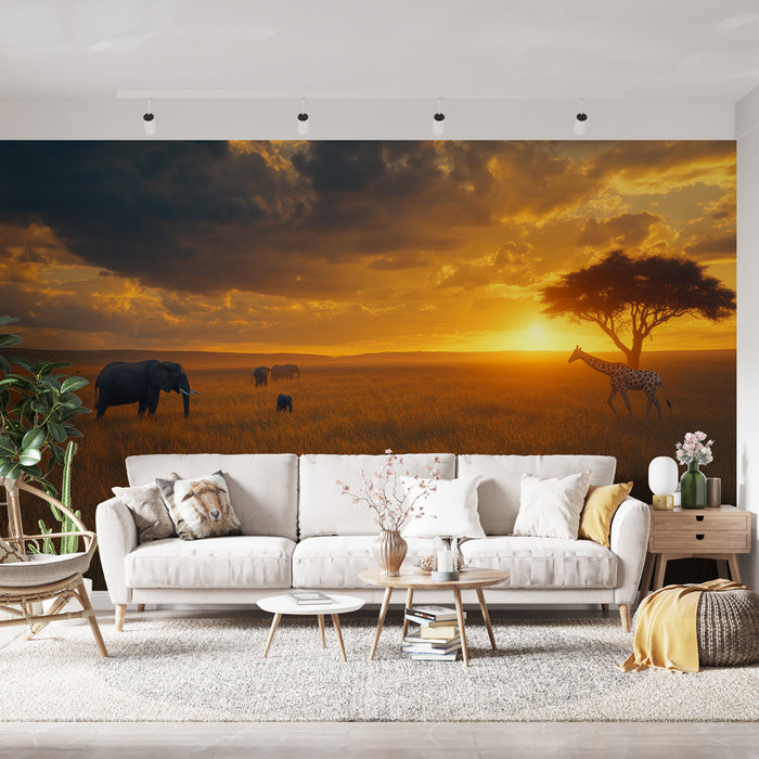 Tapeta safari | Słonie i żyrafa o zachodzie słońca