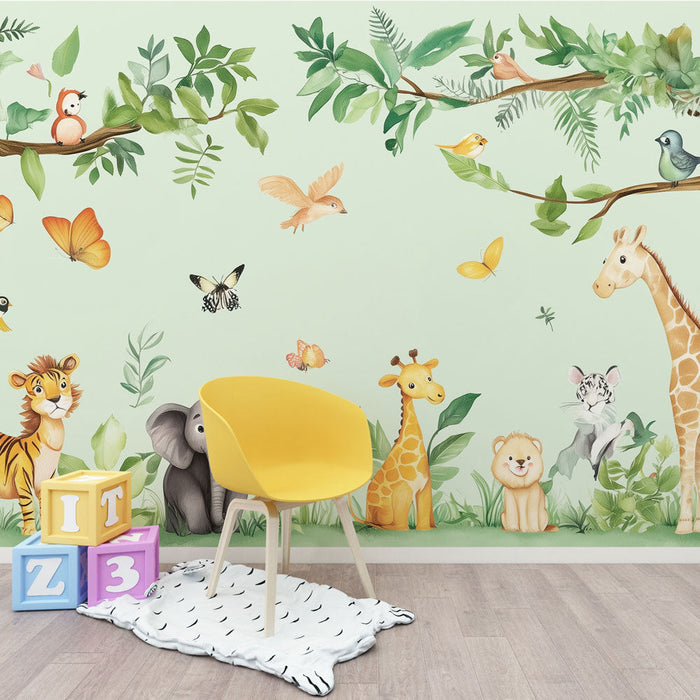 Carta da parati giungla bambino | Animali carini e foglie esotiche