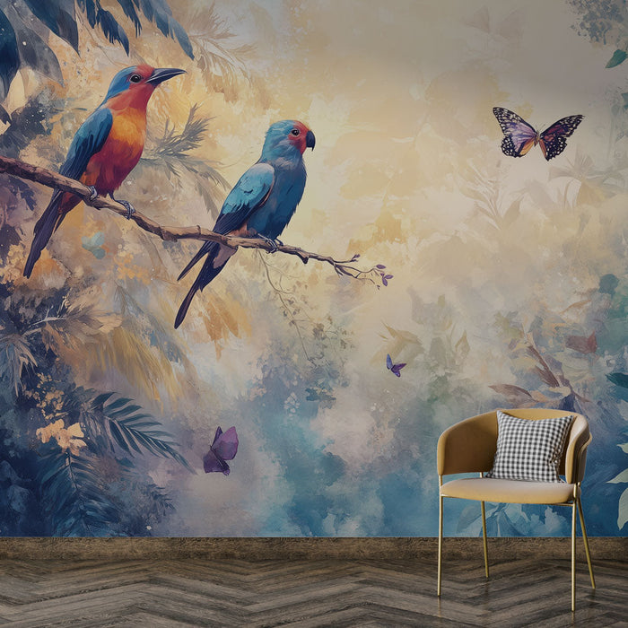 Tapeta s ptáky a motýly | Barevný a poetický design