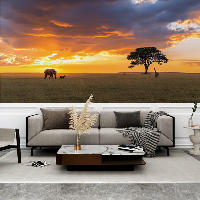 Фототапет савана | Слонове по залез слънце