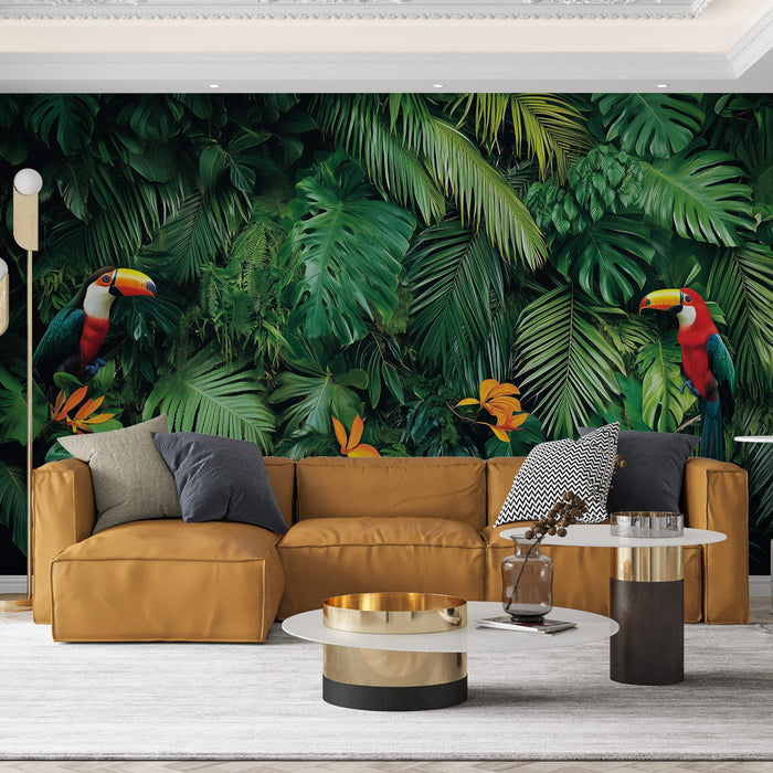 Papel de parede tropical | Selva exuberante com tucanos