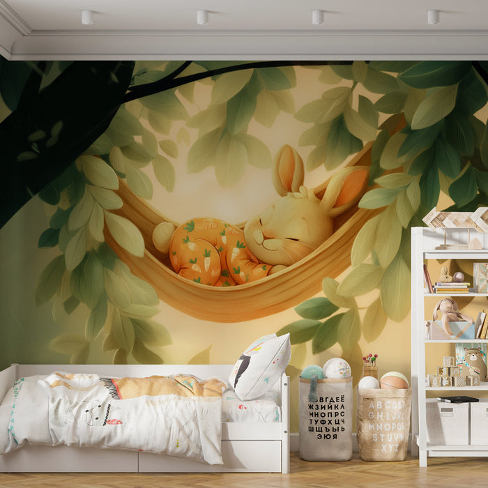 Carta da parati coniglio addormentato | Illustrazione morbida per la stanza dei bambini