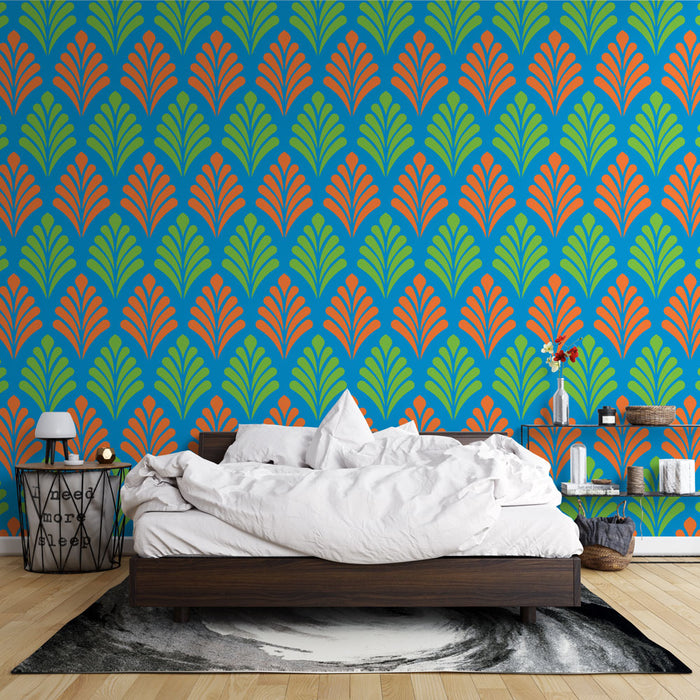Mural Wallpaper feather pattern | Colorful flowers on blue background