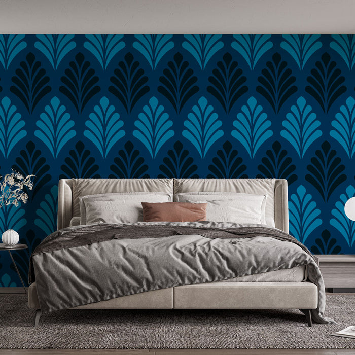 Mural Wallpaper Art Deco | Blue and Black Leaf Pattern