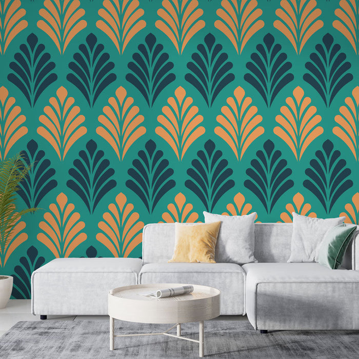 Carta da parati geometrica | Motivo Art Deco turchese e giallo