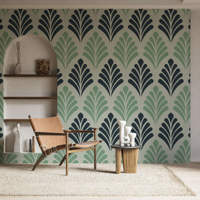 Ταπετσαρία τοίχου με λουλουδάτο μοτίβο | Ρετρό πράσινο και μαύρο