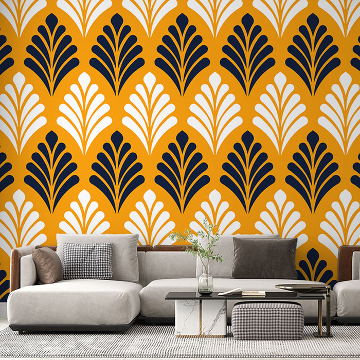 Мурален тапет с шарка на листа | Винтидж оранжево и черно