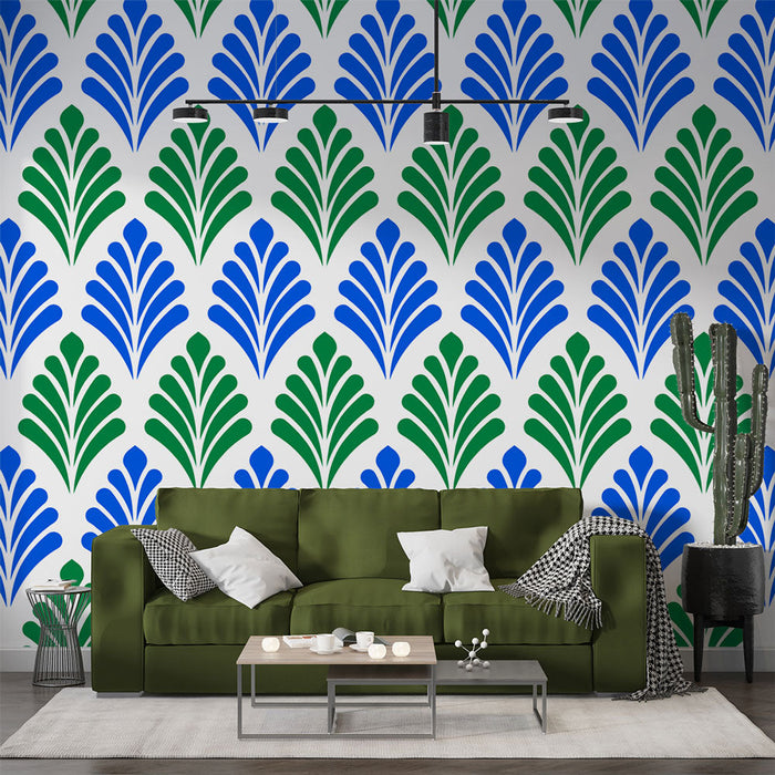 Carta da parati a foglie | Motivo geometrico blu e verde