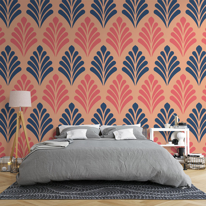 Foto Behang geometrisch | Roze en blauw bloemmotief