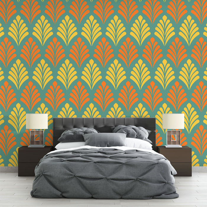 Ταπετσαρία τοίχου ρετρό | Πορτοκαλί και κίτρινο λουλουδάτο μοτίβο