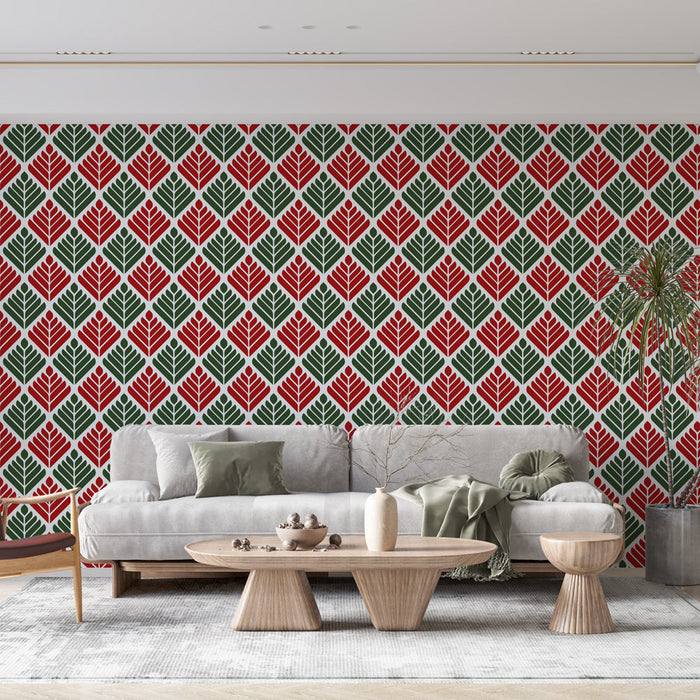 Geometric Mural Wallpaper Foliage | Classic Red and Green