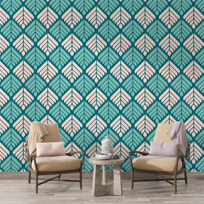 Tapetti geometrinen | Turkoosi ja vaaleanpunainen lehtikuvio