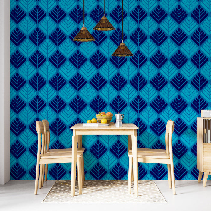 Papel de parede geométrico | Padrão de folhas azuis