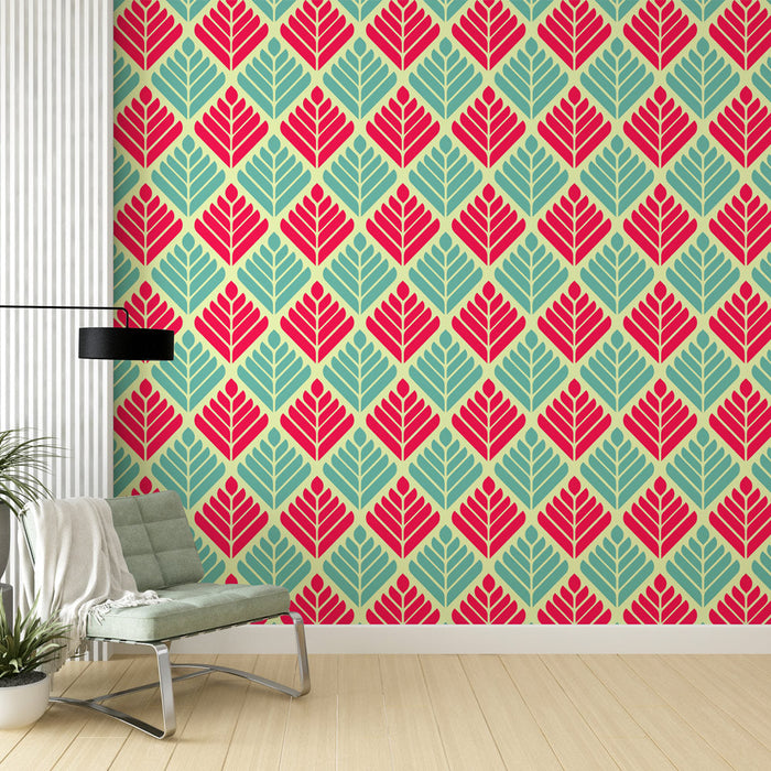 Mural Wallpaper geometric | Colorful red and turquoise blue pattern