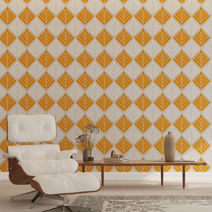 Tapeta geometrijski zidni papir | Narančasti i bijeli uzorak lista