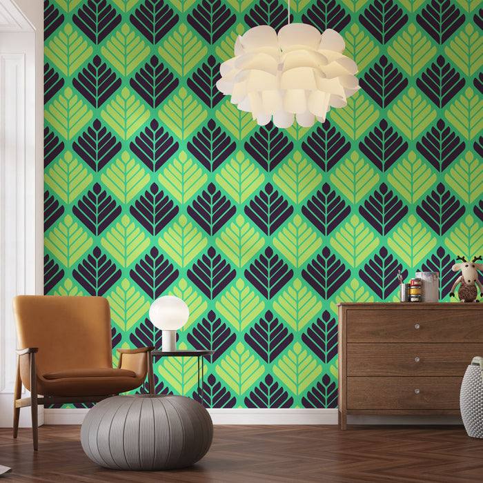 Tapetti | Vihreä ja musta geometriset lehdet