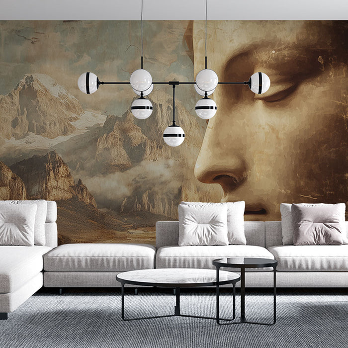 Papel de parede paisagem meditativa | Fusão de montanha e rosto sereno