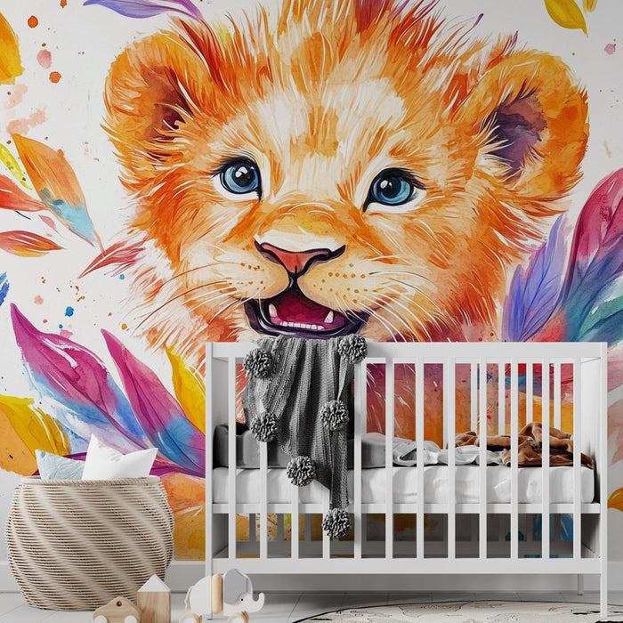 Tapet lion cub | Farverig akvarel illustration