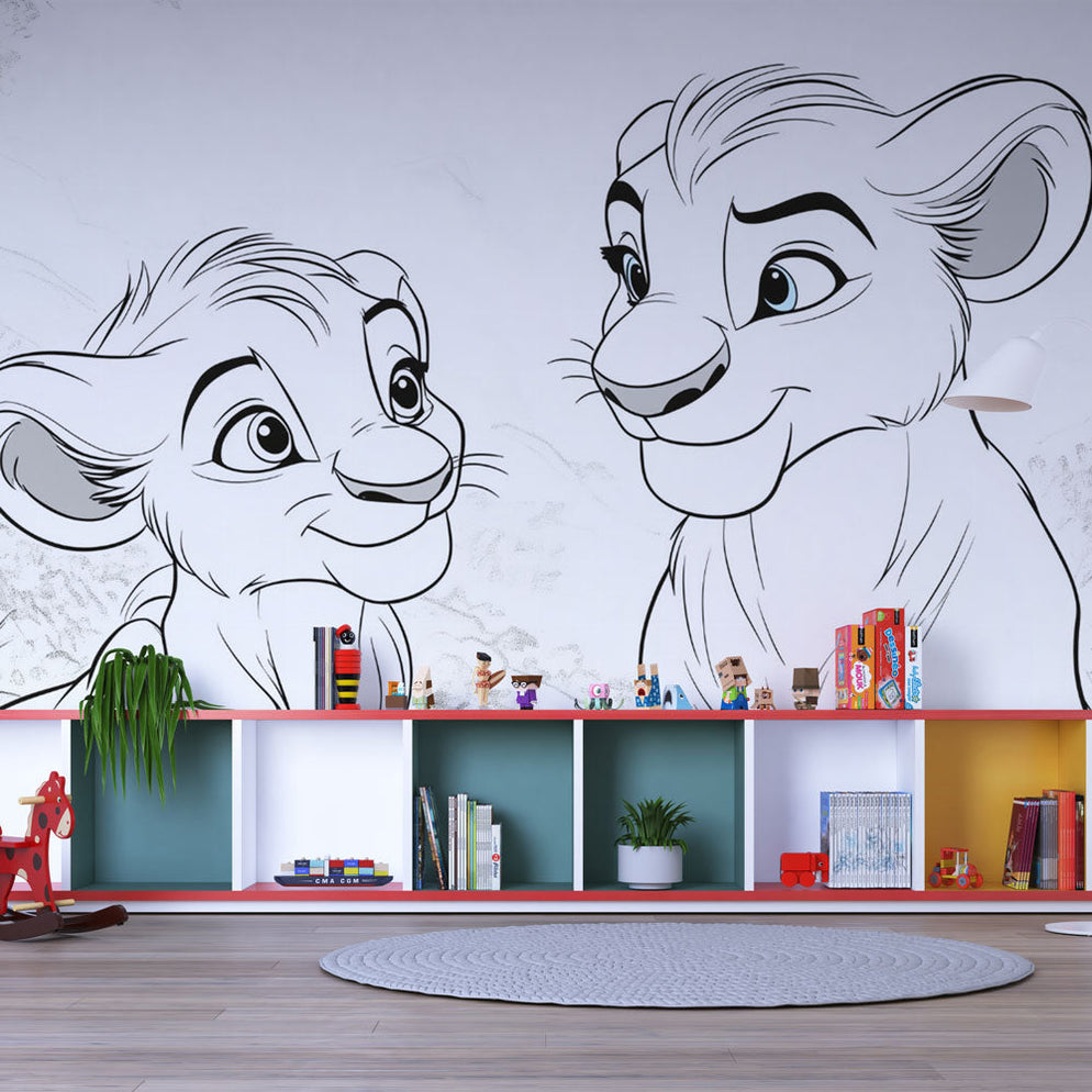 Mural Wallpaper lion cubs | Animated black and white wall art — WonderMural