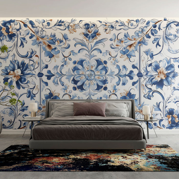 Nástěnná tapeta Květinová | Třpytivý modrý a bílý vzor