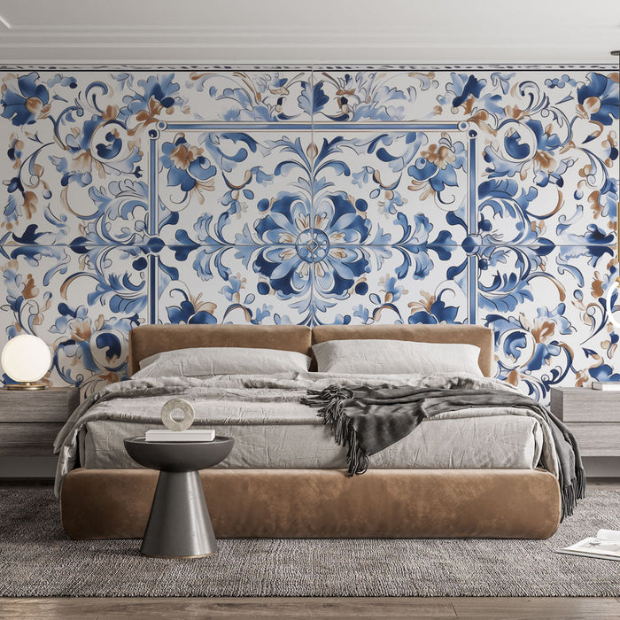 Papel de parede floral | Design azul e dourado