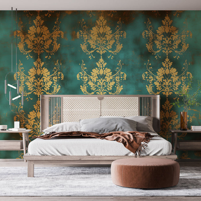 Tapet mural baroc | Strălucire aurie pe fundal turcoaz