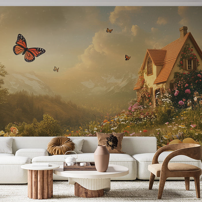 Mural Wallpaper Countryside | Flowering Landscape and Butterflies