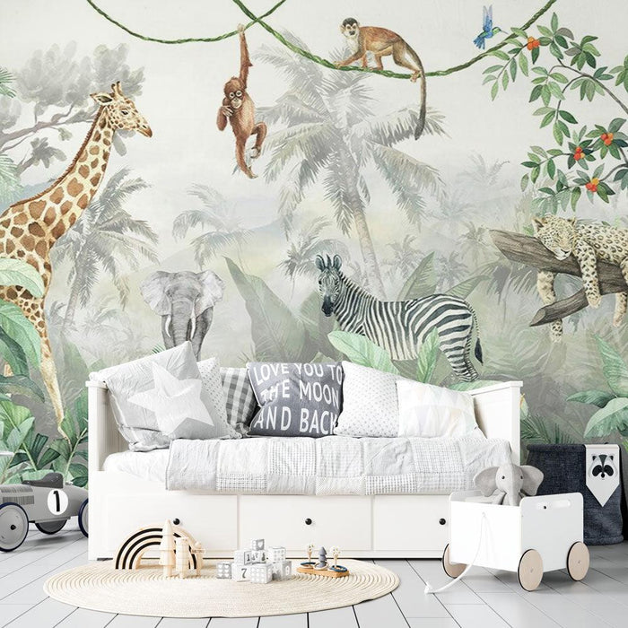 Mural Wallpaper jungle | Giraffe Monkey Elephant Tiger