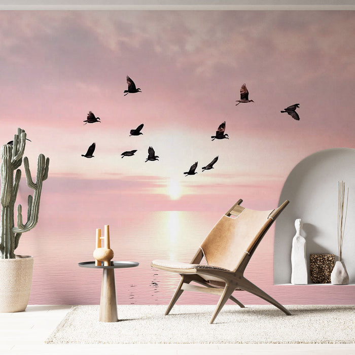 Papel pintado pájaros en vuelo | Cielo rosa